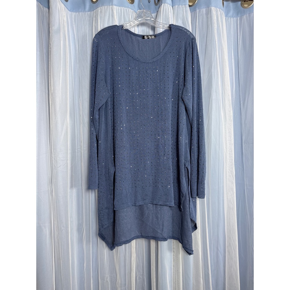 Voice of California Tunic Women 1XL 13831LX Blue Rhinestone High Low EUC
